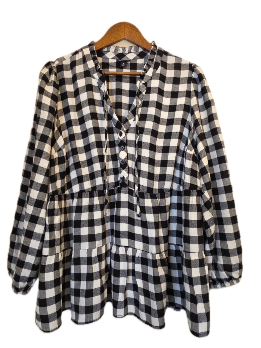 Torrid Blouse Womens 1 Black White Buffalo Plaid Tunic Button Ruffle Flannel